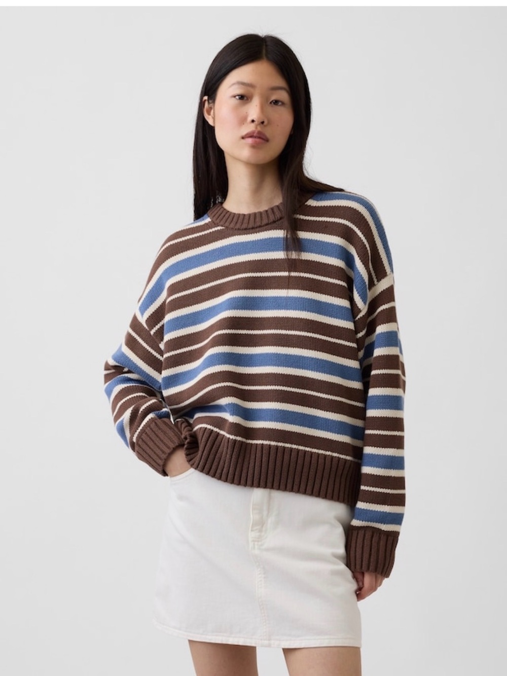 Gap 100% cotton cropped crew neck striped sweater brown blue small